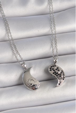 316l çelik Gümüş Renk Zincir Zirkon Taşlı Ying Yang Model Gün Batımı İşlemeli Arakdaşlık Kadın Kolye