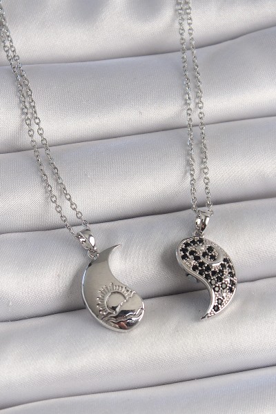 316l çelik Gümüş Renk Zincir Zirkon Taşlı Ying Yang Model Gün Batımı İşlemeli Arakdaşlık Kadın Kolye