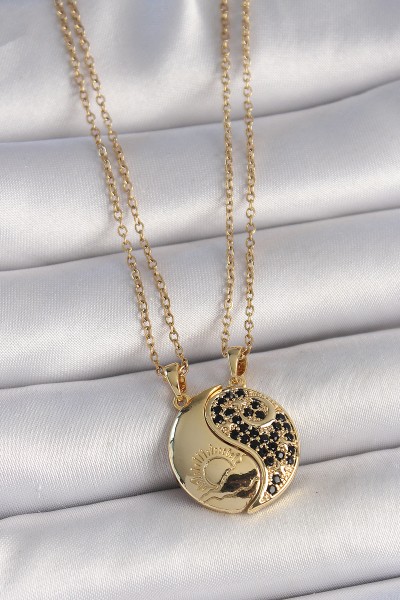 316l çelik Gold Renk Zincir Zirkon Taşlı Ying Yang Model Gün Batımı İşlemeli Arkadaşlık Kadın Kolye