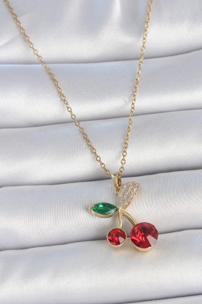 316l çelik Gold Renk Kırmızı Zirkon Taşlı Kiraz Model Kadın Kolye
