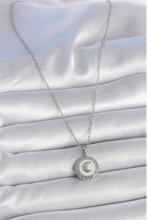 316l çelik Gümüş Renk Zincir Beyaz Mineli Hilal İşlemeli Madalyon Model Kadın Kolye 316l çelik Gümüş Renk Zincir Beyaz Mineli Hilal İşlemeli Madalyon Model Kadın Kolye