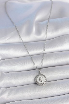 316l çelik Gümüş Renk Zincir Beyaz Mineli Hilal İşlemeli Madalyon Model Kadın Kolye 316l çelik Gümüş Renk Zincir Beyaz Mineli Hilal İşlemeli Madalyon Model Kadın Kolye