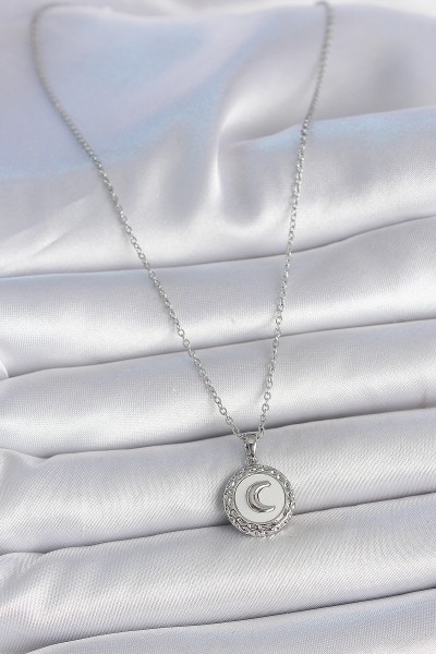 316l çelik Gümüş Renk Zincir Beyaz Mineli Hilal İşlemeli Madalyon Model Kadın Kolye 316l çelik Gümüş Renk Zincir Beyaz Mineli Hilal İşlemeli Madalyon Model Kadın Kolye