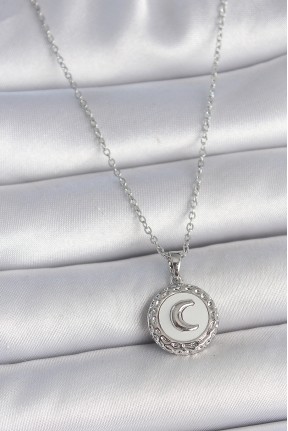 316l çelik Gümüş Renk Zincir Beyaz Mineli Hilal İşlemeli Madalyon Model Kadın Kolye 316l çelik Gümüş Renk Zincir Beyaz Mineli Hilal İşlemeli Madalyon Model Kadın Kolye