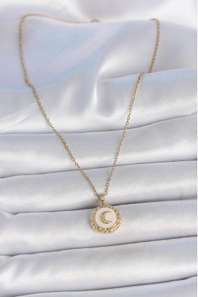 316l çelik Gold Renk Zincir Beyaz Mineli Hilal İşlemeli Madalyon Model Kadın Kolye 316l çelik Gold Renk Zincir Beyaz Mineli Hilal İşlemeli Madalyon Model Kadın Kolye