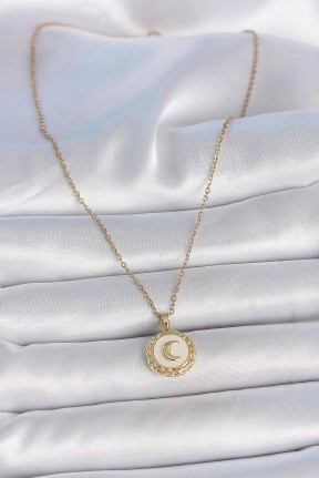 316l çelik Gold Renk Zincir Beyaz Mineli Hilal İşlemeli Madalyon Model Kadın Kolye 316l çelik Gold Renk Zincir Beyaz Mineli Hilal İşlemeli Madalyon Model Kadın Kolye