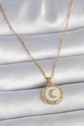 316l çelik Gold Renk Zincir Beyaz Mineli Hilal İşlemeli Madalyon Model Kadın Kolye 316l çelik Gold Renk Zincir Beyaz Mineli Hilal İşlemeli Madalyon Model Kadın Kolye