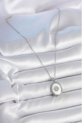 316l çelik Gümüş Renk Beyaz Mineli Güneş İşlemeli Nazar Boncuk Detay Madalyon Model Kadın Kolye 316l çelik Gümüş Renk Beyaz Mineli Güneş İşlemeli Nazar Boncuk Detay Madalyon Model Kadın Kolye