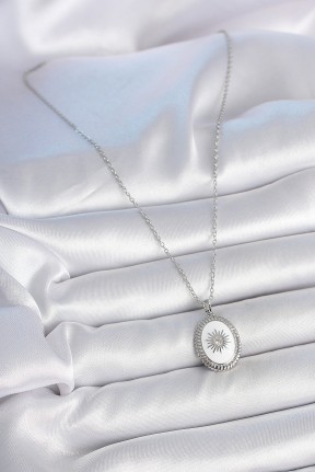 316l çelik Gümüş Renk Beyaz Mineli Güneş İşlemeli Nazar Boncuk Detay Madalyon Model Kadın Kolye