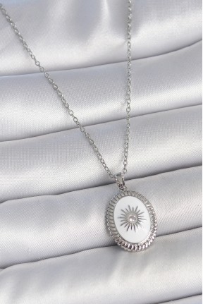 316l çelik Gümüş Renk Beyaz Mineli Güneş İşlemeli Nazar Boncuk Detay Madalyon Model Kadın Kolye 316l çelik Gümüş Renk Beyaz Mineli Güneş İşlemeli Nazar Boncuk Detay Madalyon Model Kadın Kolye