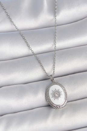 316l çelik Gümüş Renk Beyaz Mineli Güneş İşlemeli Nazar Boncuk Detay Madalyon Model Kadın Kolye