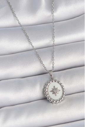 316l çelik Gümüş Renk Zincir Beyaz Mineli Kutup Yıldız İşlemeli Madalyon Model Kadın Kolye 316l çelik Gümüş Renk Zincir Beyaz Mineli Kutup Yıldız İşlemeli Madalyon Model Kadın Kolye