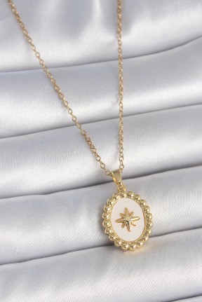 316l çelik Gold Renk Zincir Beyaz Mineli Kutup Yıldız İşlemeli Madalyon Model Kadın Kolye 316l çelik Gold Renk Zincir Beyaz Mineli Kutup Yıldız İşlemeli Madalyon Model Kadın Kolye