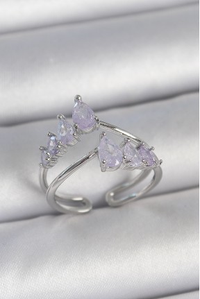 Pirinç Gümüş Renk Mor Damla Zirkon Taşlı Taç Model Kadın Yüzük Pirinç Gümüş Renk Mor Damla Zirkon Taşlı Taç Model Kadın Yüzük