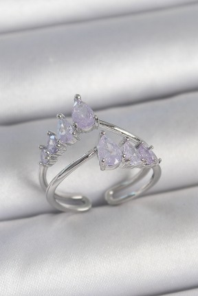 Pirinç Gümüş Renk Mor Damla Zirkon Taşlı Taç Model Kadın Yüzük Pirinç Gümüş Renk Mor Damla Zirkon Taşlı Taç Model Kadın Yüzük