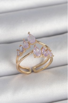 Pirinç Gold Renk Mor Damla Zirkon Taşlı Taç Model Kadın Yüzük Pirinç Gold Renk Mor Damla Zirkon Taşlı Taç Model Kadın Yüzük