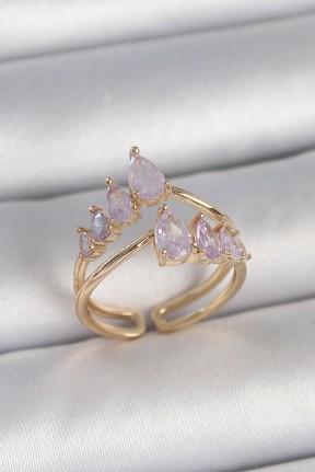 Pirinç Gold Renk Mor Damla Zirkon Taşlı Taç Model Kadın Yüzük Pirinç Gold Renk Mor Damla Zirkon Taşlı Taç Model Kadın Yüzük