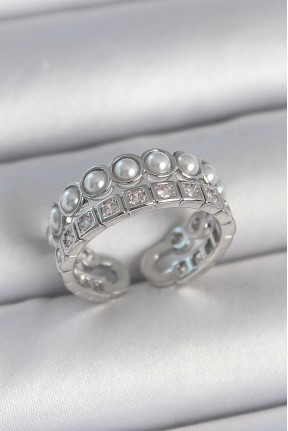 Pirinç Gümüş Renk 2'li Sıra Zirkon Taşlı Ve İncili Ayarlanabilir Kadın Yüzük Pirinç Gümüş Renk 2'li Sıra Zirkon Taşlı Ve İncili Ayarlanabilir Kadın Yüzük