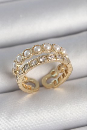 Pirinç Gold Renk 2'li Zirkon Taşlı Ve İncili Ayarlanabilir Kadın Yüzük