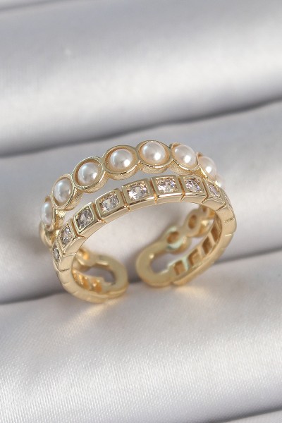 Pirinç Gold Renk 2'li Zirkon Taşlı Ve İncili Ayarlanabilir Kadın Yüzük