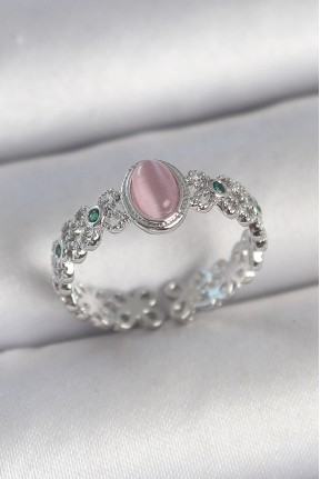 Pirinç Gümüş Renk Zirkon Taş Detaylı Pembe Mineli Damla Model Ayarlanabilir Kadın Yüzük