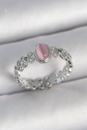 Pirinç Gümüş Renk Zirkon Taş Detaylı Pembe Mineli Damla Model Ayarlanabilir Kadın Yüzük