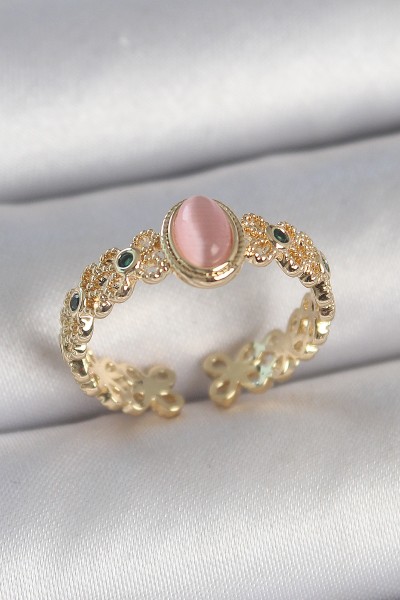 Pirinç Gold Renk Zirkon Taş Detaylı Pembe Mineli Damla Model Ayarlanabilir Kadın Yüzük