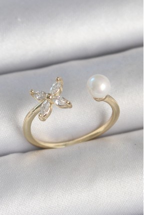 Pirinç Gold Renk Zirkon Taşlı çiçek Model İnci Detay Ayarlanabilir Kadın Yüzük