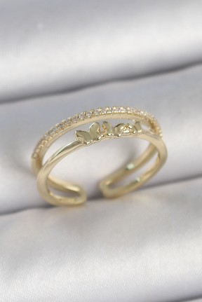 Pirinç Gold Renk 2'li Sıra Zirkon Taş Detaylı Kelebek Figürlü Ayarlanabilir Model Kadın Yüzük Pirinç Gold Renk 2'li Sıra Zirkon Taş Detaylı Kelebek Figürlü Ayarlanabilir Model Kadın Yüzük