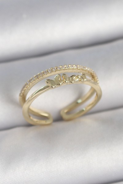 Pirinç Gold Renk 2'li Sıra Zirkon Taş Detaylı Kelebek Figürlü Ayarlanabilir Model Kadın Yüzük