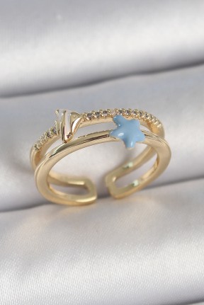 Pirinç Gold Renk 2'li Zirkon Taşlı Mavi Yıldız Figür Ayarlanabilir Kadın Yüzük Pirinç Gold Renk 2'li Zirkon Taşlı Mavi Yıldız Figür Ayarlanabilir Kadın Yüzük