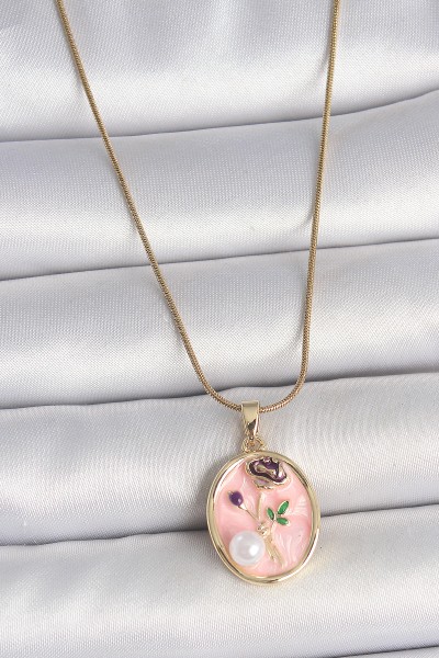 316l çelik Gold Renk Zincir Pembe çiçek İşlemeli İnci Detay Portre Model Kadın Kolye