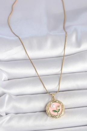 316l çelik Gold Renk Zincir Pembe çiçek İşlemeli Inci Detay Portre Model Kadın Kolye 316l çelik Gold Renk Zincir Pembe çiçek İşlemeli Inci Detay Portre Model Kadın Kolye