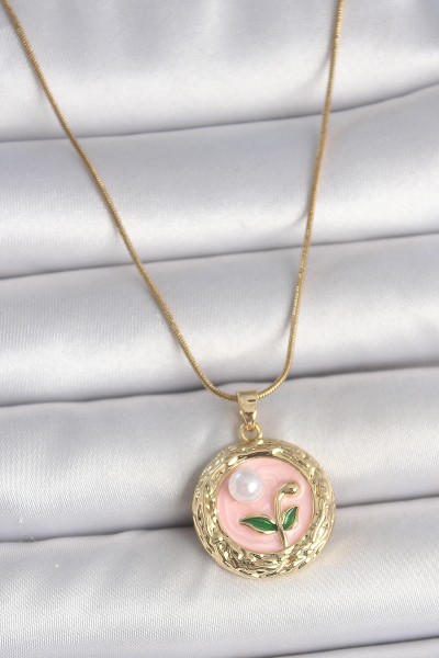 316l çelik Gold Renk Zincir Pembe çiçek İşlemeli Inci Detay Portre Model Kadın Kolye
