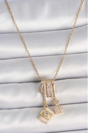 316l çelik Gold Renk Zirkon Taşlı Sallantı Fotoğraf Makinası Figür Charm Kadın Kolye
