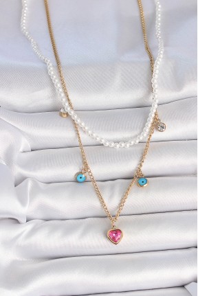 316l çelik Gold Renk 2'li İnci Zincir Model Pembe Taşlı Kalp Figür Nazar Boncuk Detay Kadın Kolye 316l çelik Gold Renk 2'li İnci Zincir Model Pembe Taşlı Kalp Figür Nazar Boncuk Detay Kadın Kolye