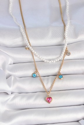 316l çelik Gold Renk 2'li İnci Zincir Model Pembe Taşlı Kalp Figür Nazar Boncuk Detay Kadın Kolye 316l çelik Gold Renk 2'li İnci Zincir Model Pembe Taşlı Kalp Figür Nazar Boncuk Detay Kadın Kolye