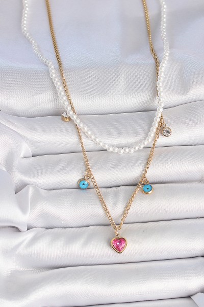 316l çelik Gold Renk 2'li İnci Zincir Model Pembe Taşlı Kalp Figür Nazar Boncuk Detay Kadın Kolye 316l çelik Gold Renk 2'li İnci Zincir Model Pembe Taşlı Kalp Figür Nazar Boncuk Detay Kadın Kolye