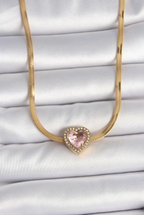 316l çelik Gold Renk İtalyan Zincir Pembe Zirkon Taşlı Kalp Model Kadın Kolye 316l çelik Gold Renk İtalyan Zincir Pembe Zirkon Taşlı Kalp Model Kadın Kolye