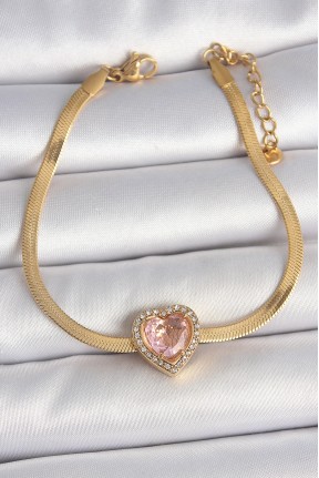 316l çelik Gold Renk İtalyan Zincir Pembe Zirkon Taşlı Kalp Model Kadın Bileklik 316l çelik Gold Renk İtalyan Zincir Pembe Zirkon Taşlı Kalp Model Kadın Bileklik