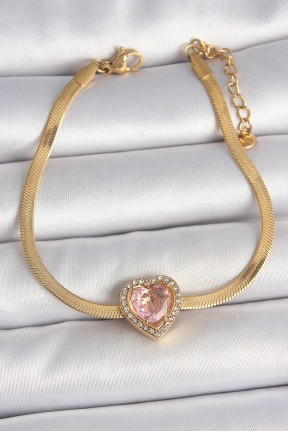316l çelik Gold Renk İtalyan Zincir Pembe Zirkon Taşlı Kalp Model Kadın Bileklik 316l çelik Gold Renk İtalyan Zincir Pembe Zirkon Taşlı Kalp Model Kadın Bileklik