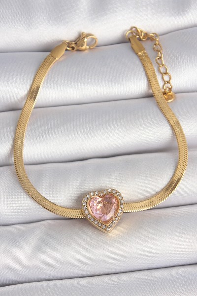 316l çelik Gold Renk İtalyan Zincir Pembe Zirkon Taşlı Kalp Model Kadın Bileklik