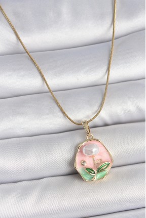 316l çelik Gold Renk Zincir Pembe çiçek İşlemeli İnci Detay Portre Model Kadın Kolye 316l çelik Gold Renk Zincir Pembe çiçek İşlemeli İnci Detay Portre Model Kadın Kolye