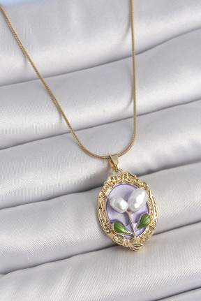 316l çelik Gold Renk Mor İncili çiçek İşlemeli Portre Model Kadın Kolye 316l çelik Gold Renk Mor İncili çiçek İşlemeli Portre Model Kadın Kolye