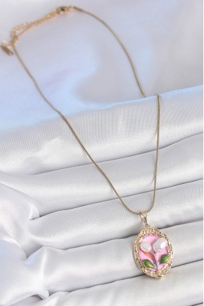 316l çelik Gold Renk Zincir Pembe Mineli İncili çiçek İşlemeli Portre Model Kadın Kolye 316l çelik Gold Renk Zincir Pembe Mineli İncili çiçek İşlemeli Portre Model Kadın Kolye