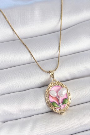 316l çelik Gold Renk Zincir Pembe Mineli İncili çiçek İşlemeli Portre Model Kadın Kolye 316l çelik Gold Renk Zincir Pembe Mineli İncili çiçek İşlemeli Portre Model Kadın Kolye
