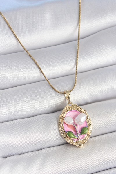 316l çelik Gold Renk Zincir Pembe Mineli İncili çiçek İşlemeli Portre Model Kadın Kolye