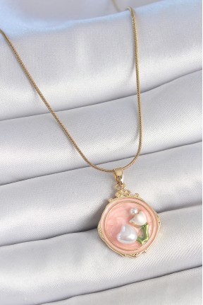 316l çelik Gold Renk Zincir Pembe Mineli İncili çiçek İşlemeli Portre Model Kadın Kolye 316l çelik Gold Renk Zincir Pembe Mineli İncili çiçek İşlemeli Portre Model Kadın Kolye