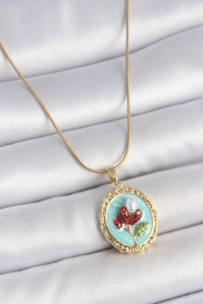 316l çelik Gold Renk Zincir Turkuaz Mineli İncili çiçek İşlemeli Portre Model Kadın Kolye