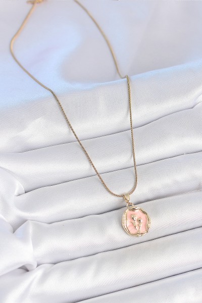 316l çelik Gold Renk Zincir Pembe Mineli çiçek İşlemeli Portre Model Kadın Kolye 316l çelik Gold Renk Zincir Pembe Mineli çiçek İşlemeli Portre Model Kadın Kolye